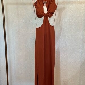 Willow & Root Ribbed Cutout Midi Dress Rust Brown Side Slits Size S